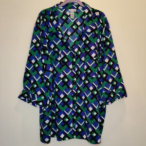 Catherines Women’s 4X Button-Up Stretch Top -Plus – 3/4 Sleeve, Green-Blue-Black